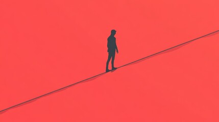 A solitary figure walks a tightrope against a bold red background, symbolizing balance and risk.
