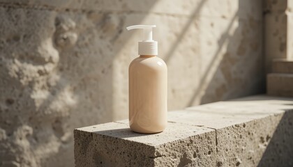 A beige pump bottle stands on a textured stone surface. Soft natural light casts shadows, highlighting the minimalist design and smooth surface of the bottle.
