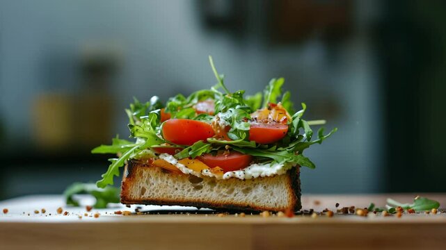 Slice of toast topped with arugula ricotta cherry tomato with crumbs and seasoning bits rising upward creating fresh vibrant vegetable bread snack scene full of flavor and texture