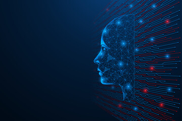 The digital interface of the mind. The profile of a human face transforms into a complex structure that mimics the tracks of a printed circuit board on a wall.