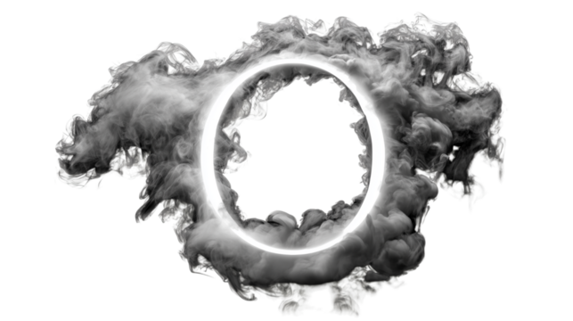 Photorealistic smoke ring in circular loop with vapor gradients and fog dispersion, high-quality PNG for digital creatives on a transparent background