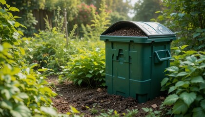 A green, weather-resistant outdoor trash bin with a dome lid, situated in a lush garden setting, ideal for waste disposal, outdoor maintenance, or garden setup.