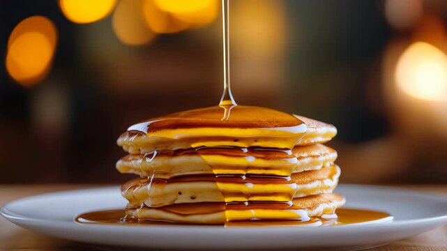 Golden syrup pouring over stack of fluffy pancakes on white plate with warm bokeh background creating cozy delicious breakfast food sweet dessert close up plate stack syrup pancake