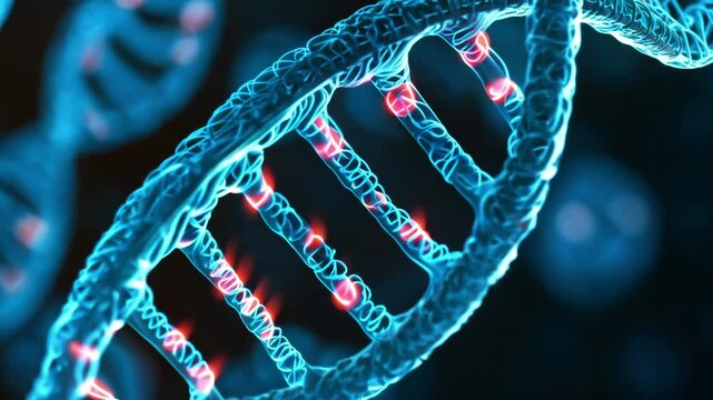 A close-up digital illustration of a glowing DNA double helix with highlighted connections on a dark background. - Powered by Adobe