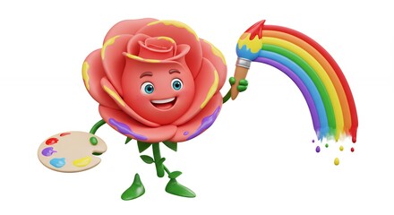 Cartoon rose painting with rainbow paint