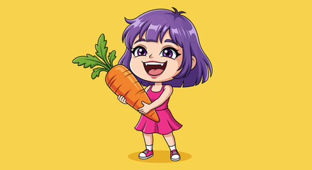Cute girl happy and smiling holding a really big orange carrot she harvested from her garden - isolated yellow background chibi illustration