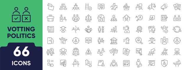 Voting and Politics Line Icon Set. Set of 66 outline icons including ballot box, vote, election, campaign, debate, political party, and democracy. Editable stroke. Linear vector illustration.