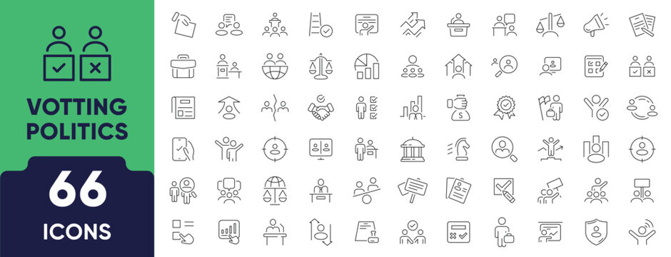 Voting and Politics Line Icon Set. Set of 66 outline icons including ballot box, vote, election, campaign, debate, political party, and democracy. Editable stroke. Linear vector illustration.
