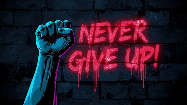 A raised fist with the words 'Never Give Up' next to it on a wall.
