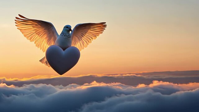 A dove soars gracefully through a colorful sunset sky, carrying a heart shaped object above a blanket of clouds