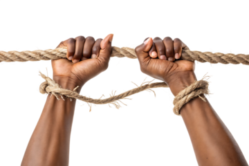 Tied hands tearing a whip or jute rope into pieces on a white on AI Generated by PNG