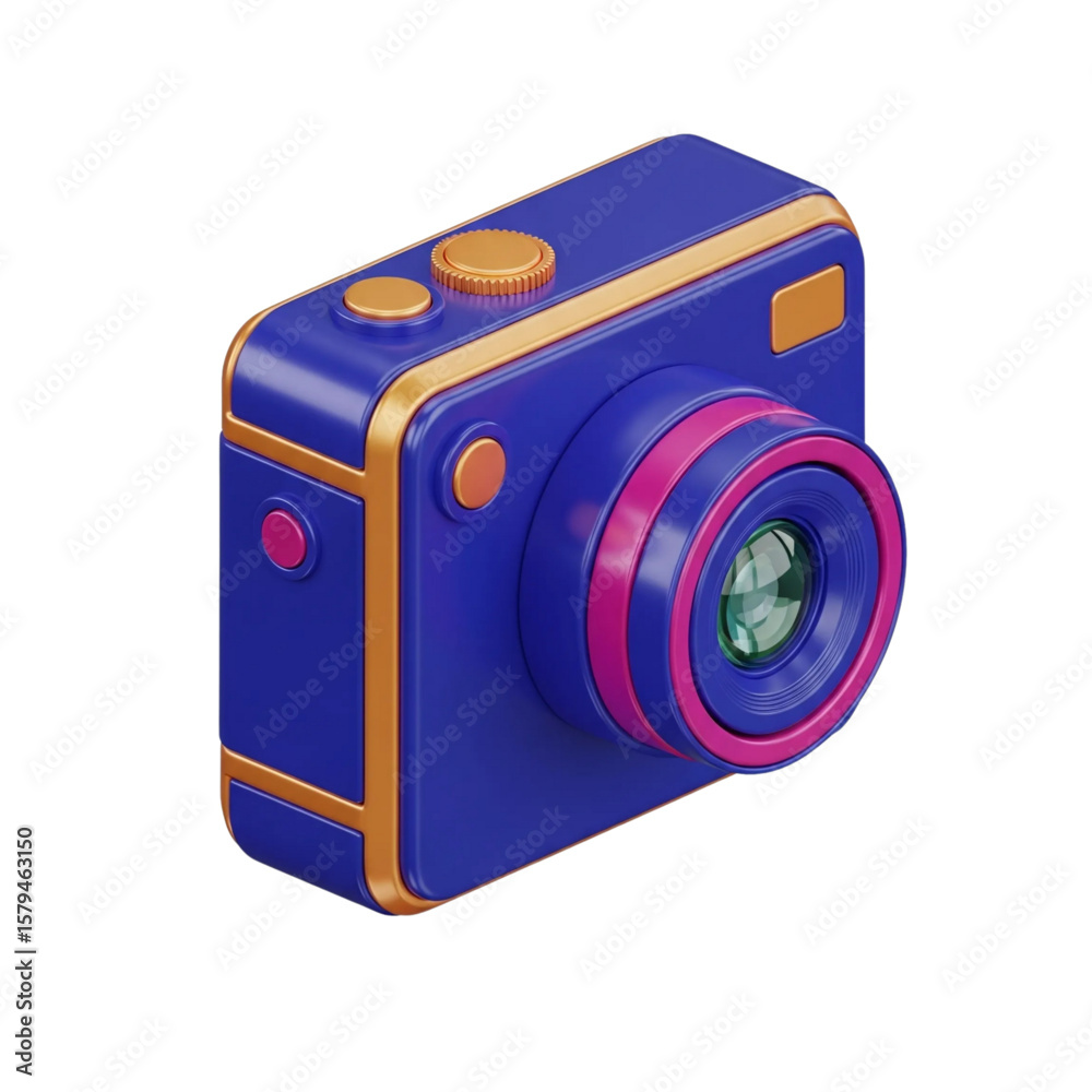 Fototapete stylized 3d rendering of a modern blue digital camera with gold accents isolated on transparent back