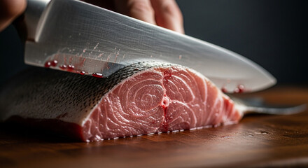 A person cutting raw meat with a knife