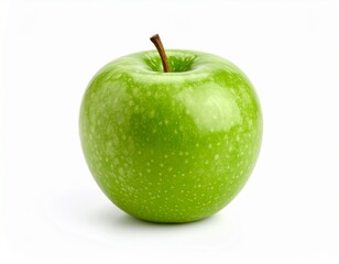 A fresh green apple with glossy skin and a short brown stem, isolated on a clean white background