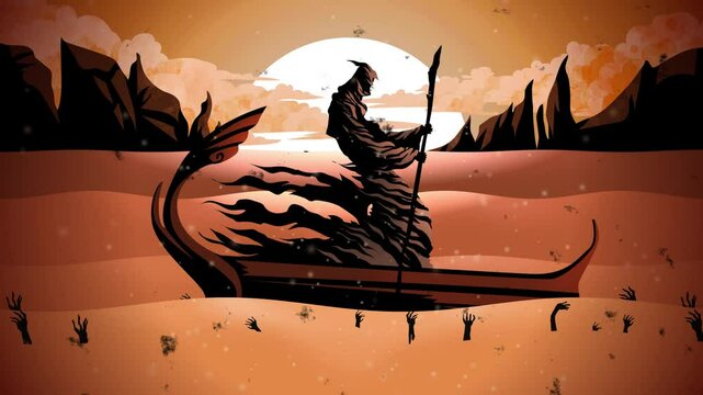 greek mythology Charon in a boat transporting souls in underworld