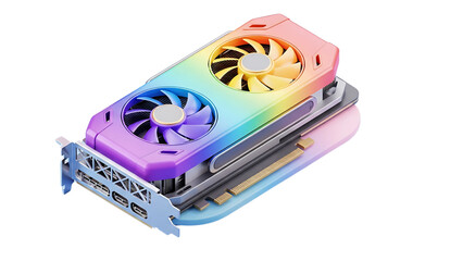 Modern gaming graphics card with rainbow rgb lighting isolated on transparent background