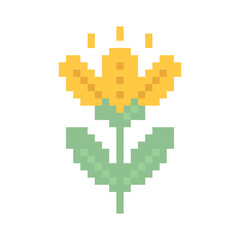 Obraz premium Cute pixel art yellow flower with green leaves isolated on white background