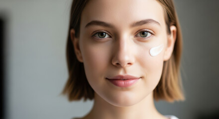 Naklejka premium A young woman with a subtle smile has a dab of cream on her cheek, highlighting skincare and beauty