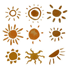 set of isolated yellow watercolor sun, vector
