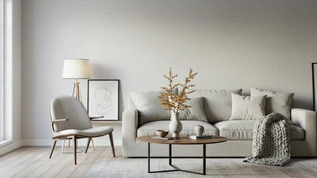 Stylish living room interior design featuring modern furniture, decor, and a neutral color palette creates an inviting space