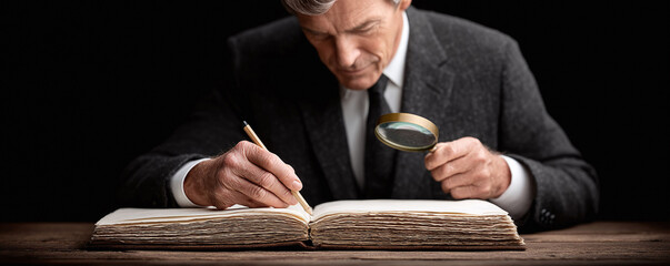 A man studies an old book with a magnifier and pencil, revealing details. Metaphor for research, discovery, writing. Perfect for history, education, or mystery.