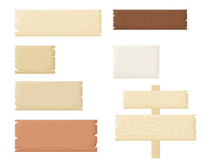 Wooden sign boards vector design of old wood plank signboards and timber panel banners. Blank cartoon plaques, billboards, signposts and pointers