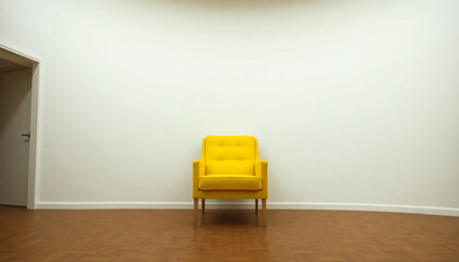 A yellow armchair brightens a contemporary room with a minimalist design