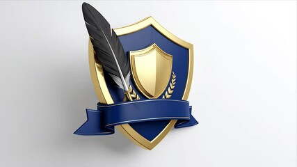 A golden shield with a blue ribbon and a black object on a white wall - Powered by Adobe