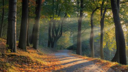 Obraz premium Sunlit Path Through Autumn Forest Golden Hour in Nature