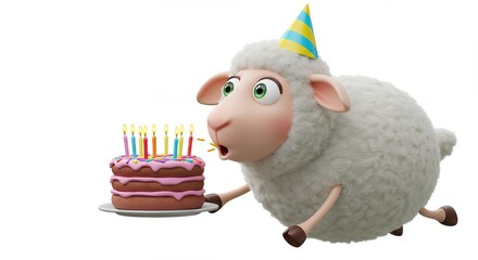Cartoon sheep celebrating birthday with cake