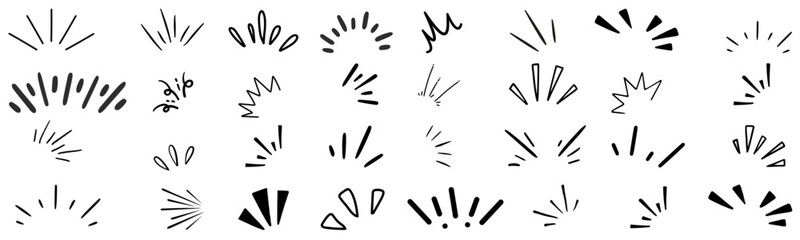 line sparkle vector set, comic style decorative lines, burst effects, and dynamic radial patterns in black for enhancing illustrations, comics, and graphic designs with energetic visual elements