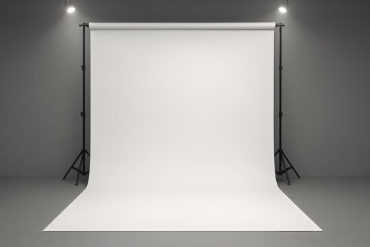 Empty photo studio backdrops on spotlight room background with showing template. Blank room for photography. 3D rendering.
