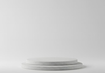 A clean white podium with circular backdrops is isolated on white background for product display