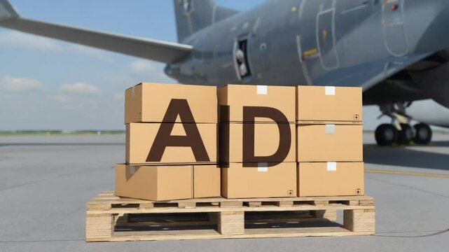 Boxes with humanitarian aid at an airport.