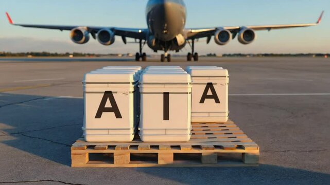 Boxes with humanitarian aid at an airport.