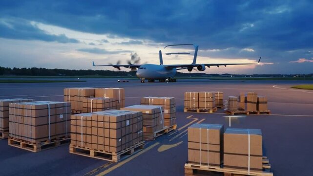 Boxes with humanitarian aid at an airport.