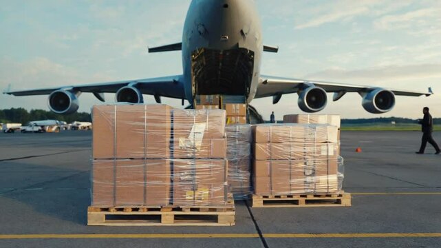Boxes with humanitarian aid at an airport.
