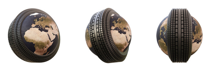 Set of tire around the world isolated on background. Wheel around the earth globe isolated. Trasportation, navigation, travel or trip concept elements.