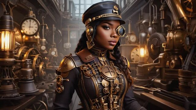 Woman in steampunk clothing.