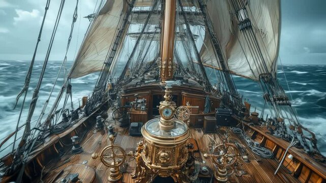 Ships deck view with rigging sails compass and steering wheels in rough seas
