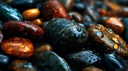 Colorful Wet River Stones with Sparkling Water Droplets in Sunlight Macro Close-Up perfect for spa brochures, nature backgrounds and mindfulness meditation apps