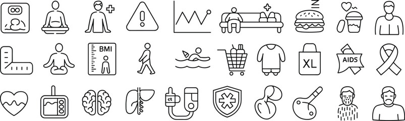 Health and wellness icon set, fitness, medical, diet, lifestyle, BMI, healthy habits, modern line icons for healthcare designs.