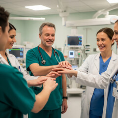 Fototapeta premium portrait of medical team. team of doctors standing together. doctor and nurse in hospital. teamwork concept. doctor and nurse. Doctors and nurses coordinate hands.