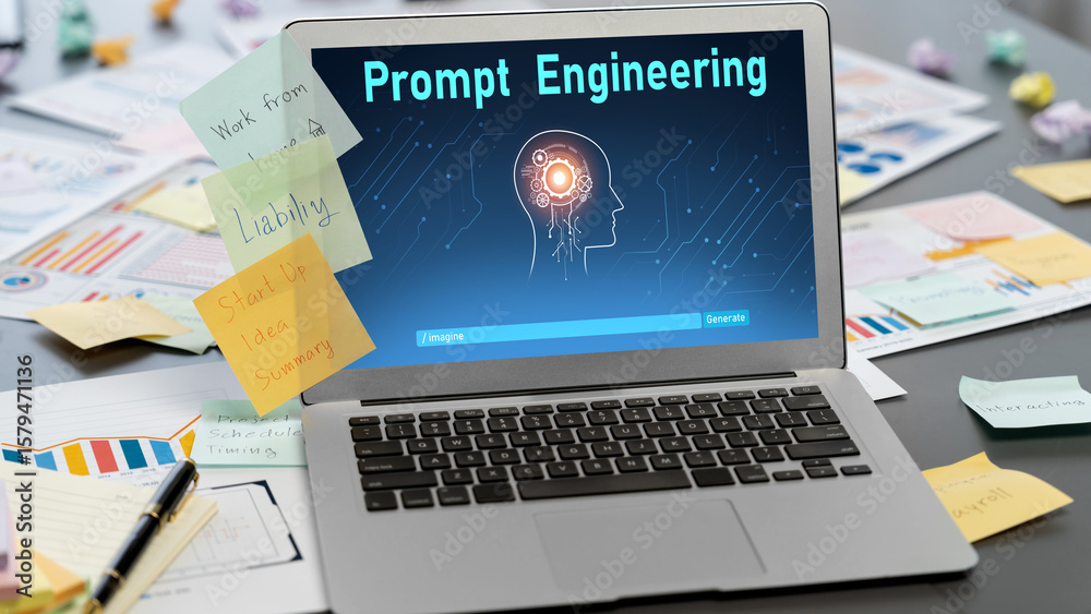 Poster sticky note for creative and analytic brainstorm for business idea with bi data dashboard on laptop 