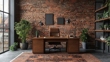 Industrial-style home office with warm tones