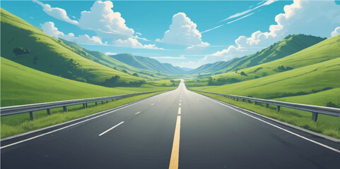 An empty asphalt road curves through a green mountain landscape under a summer sky with clouds © nur