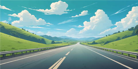 Rural summer journey on an asphalt road winding through green mountain landscapes under a cloudy sky © nur