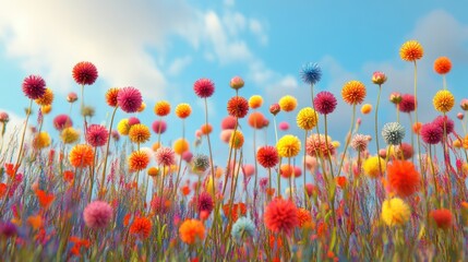 A vibrant field of colorful flowers under a bright sky