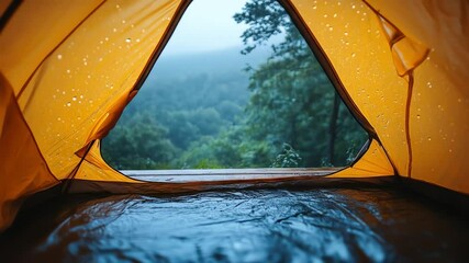 View from inside a tent rain splatters the orange fabric landscape seen through the opening - Powered by Adobe
