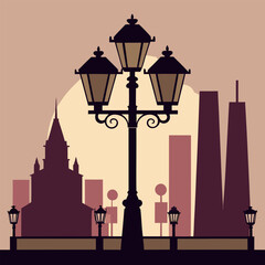 Obraz premium Classic Street Lamp Silhouette – Vintage City Element Vector for Urban Decor, Historical Town Scenes, Elegant Lighting Icons, and Black and White Architectural Illustrations